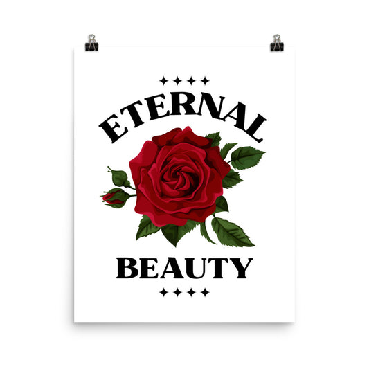 Poster with a red rose and 'Eternal Beauty' text on a white background