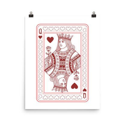 Playing card design of a queen with red outline on a white background