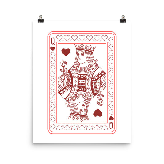 Playing card design of a queen with red outline on a white background