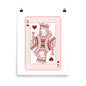 Playing card design of a queen with red outline on a white background