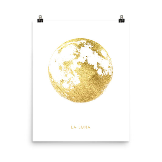 Gold moon illustration with 'La Luna' text on a white background
