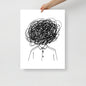 Poster with a black line drawing of a person with a chaotic head on a white background