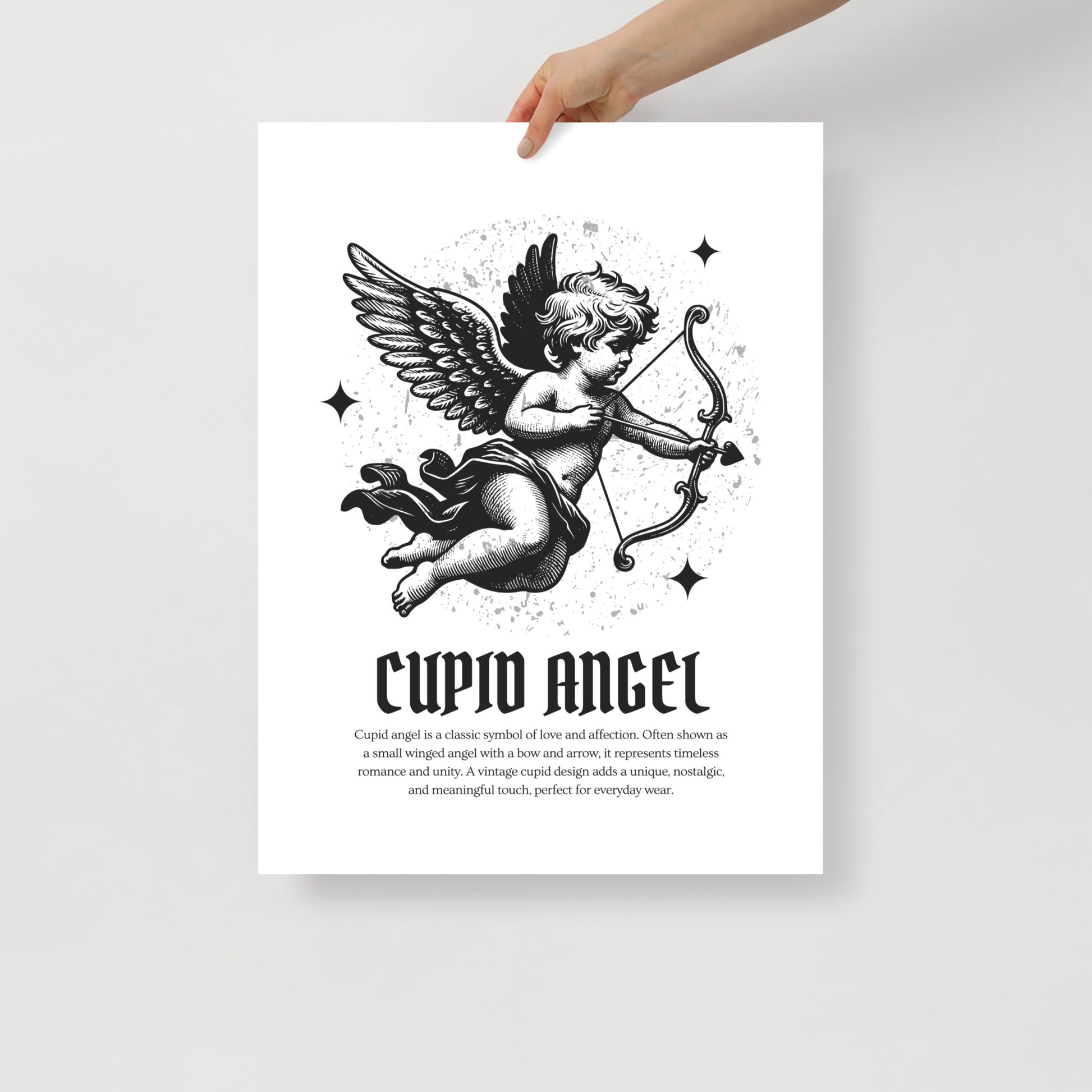 Framed artwork of a Cupid angel with text on a white background