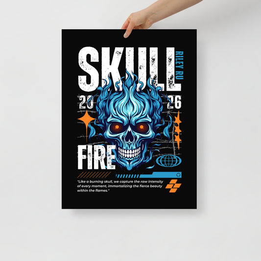 Poster with a blue skull design and text on a black background, held by a hand.