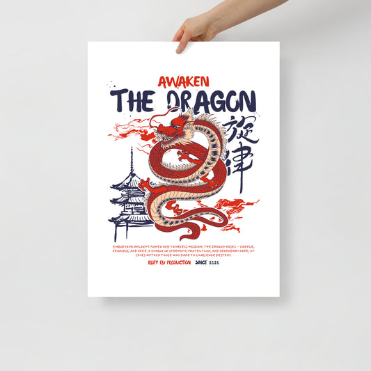 Poster with a dragon design and text on a white background