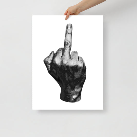 Hand holding a poster of a black and white illustration of a hand with the middle finger raised.