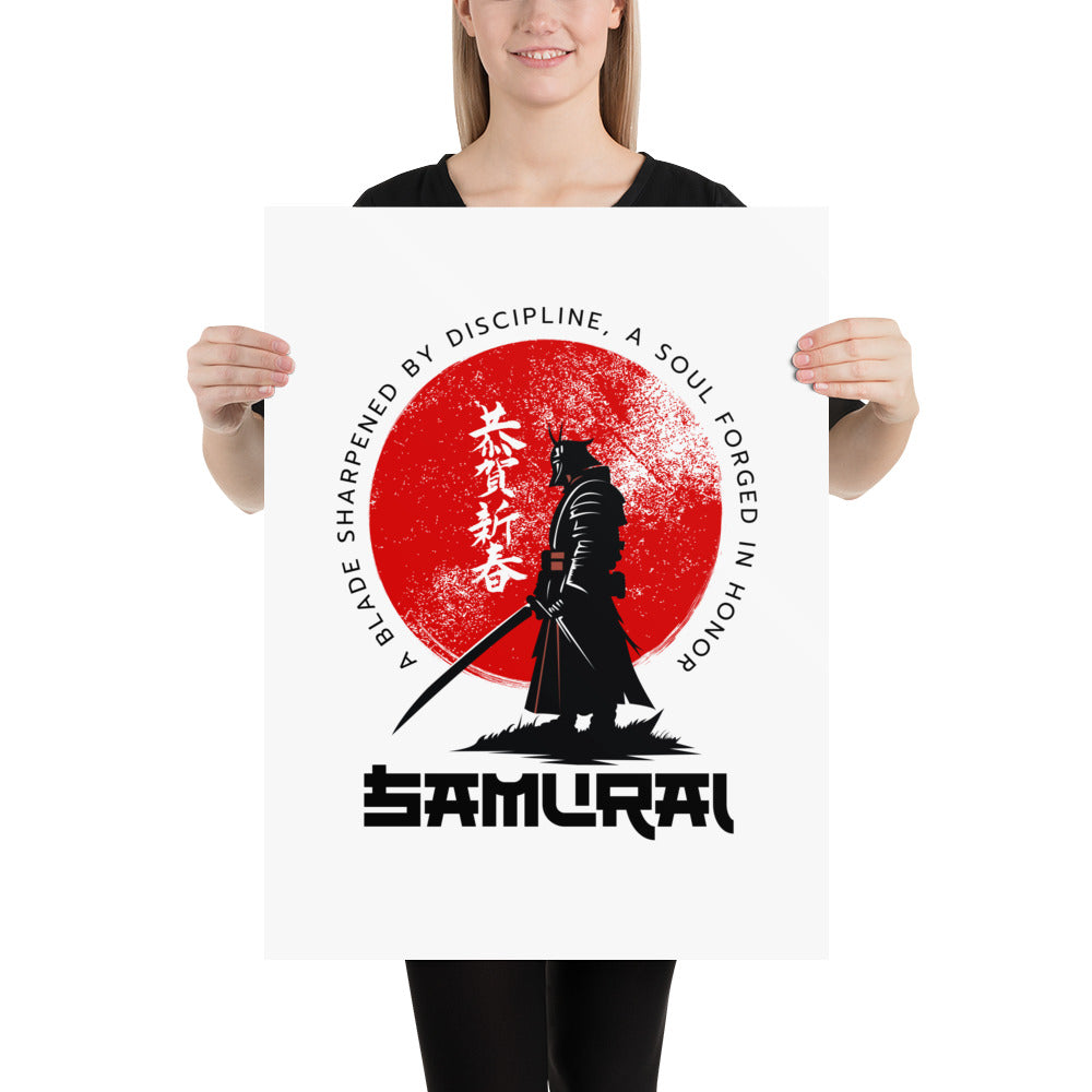 Person holding a poster with a Samurai design and text.