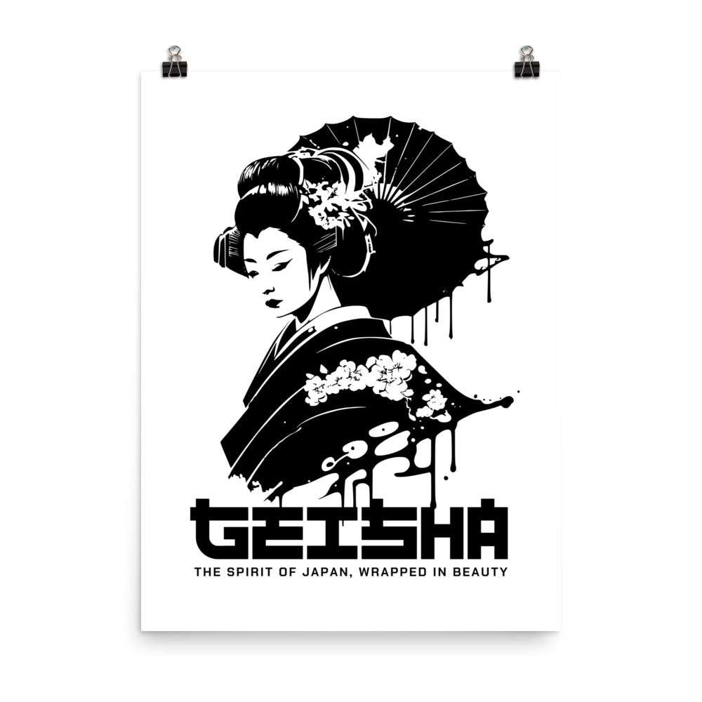 Framed artwork of a geisha with decorative elements on a white background