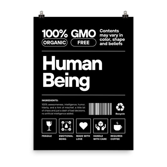 Black and white poster with text and icons on a white background