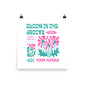 Poster with floral design and text 'Bloom in the Groove 2026' on a white background