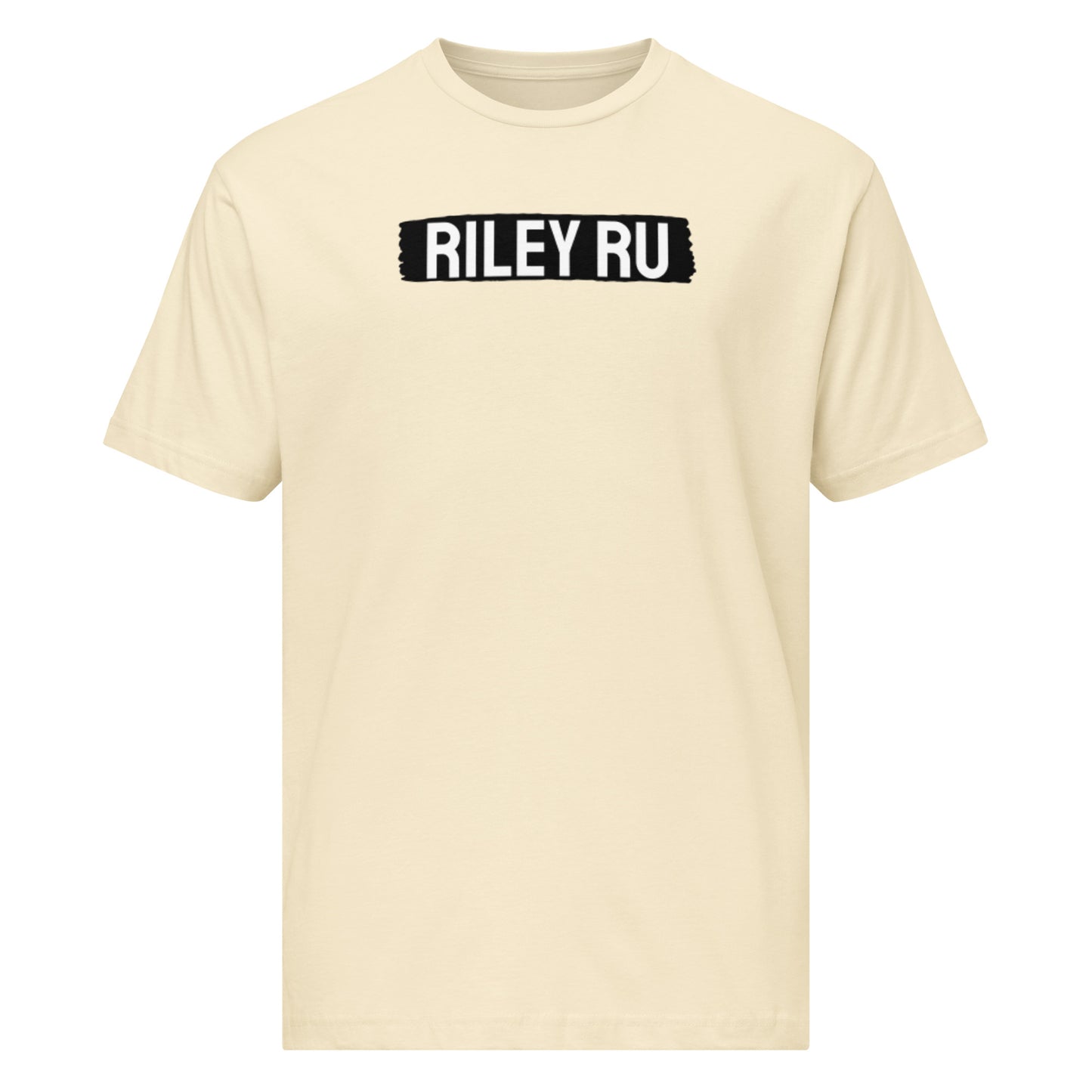 Beige t-shirt with 'RILEY RU' text on a white background