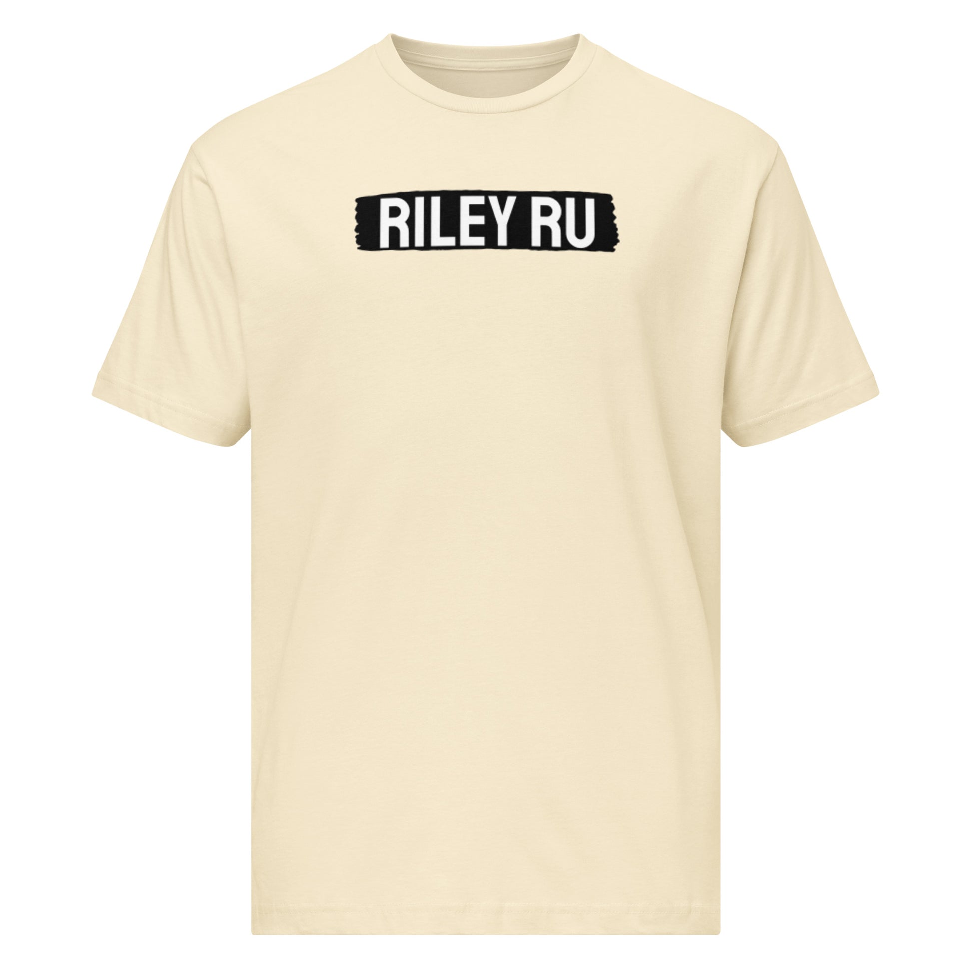 Beige t-shirt with 'RILEY RU' text on a white background