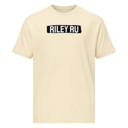 Beige t-shirt with 'RILEY RU' text on a white background