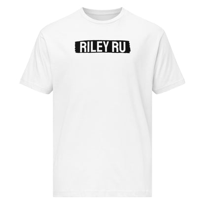 White t-shirt with 'RILEY RU' text on a white background