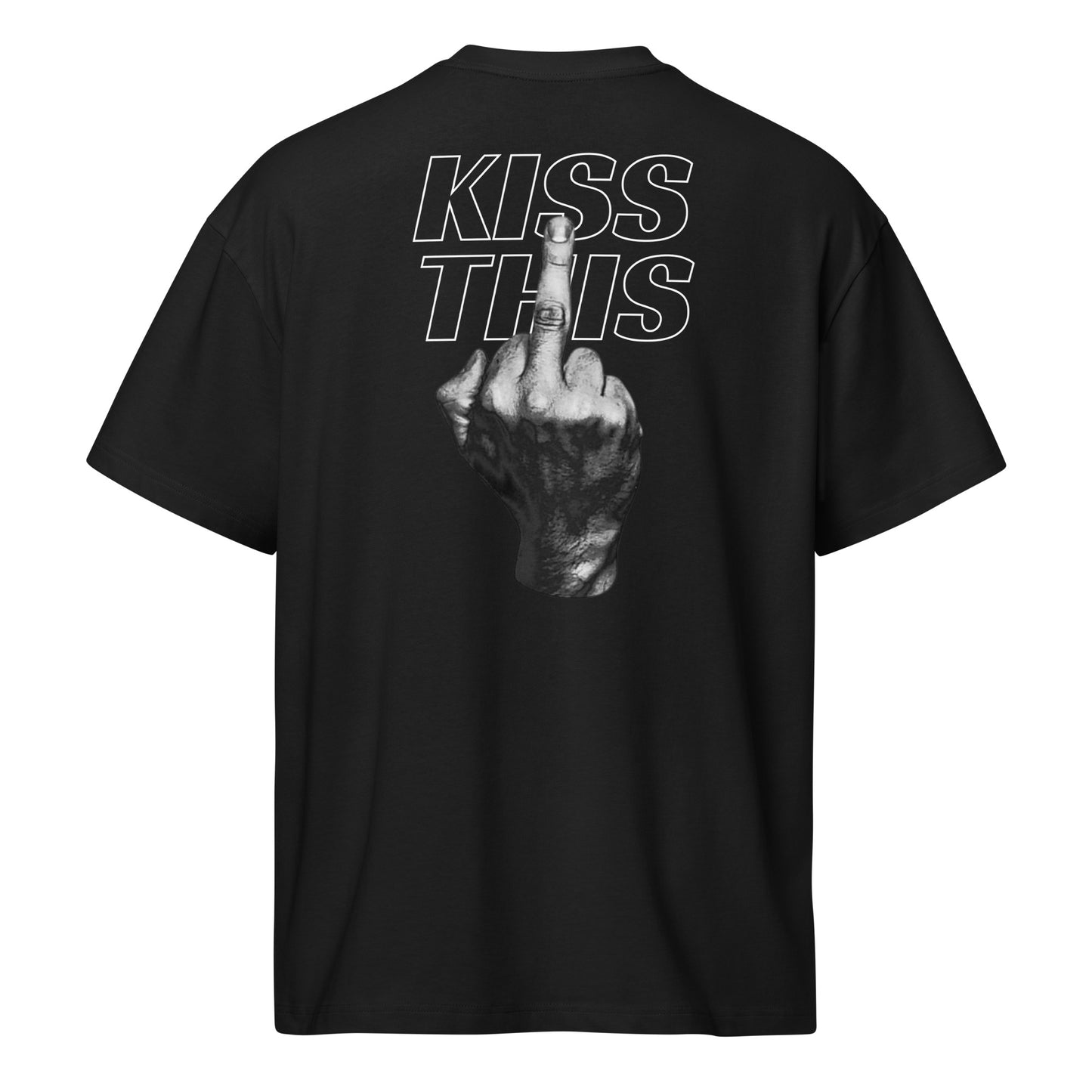 Black t-shirt with graphic design and text on the back