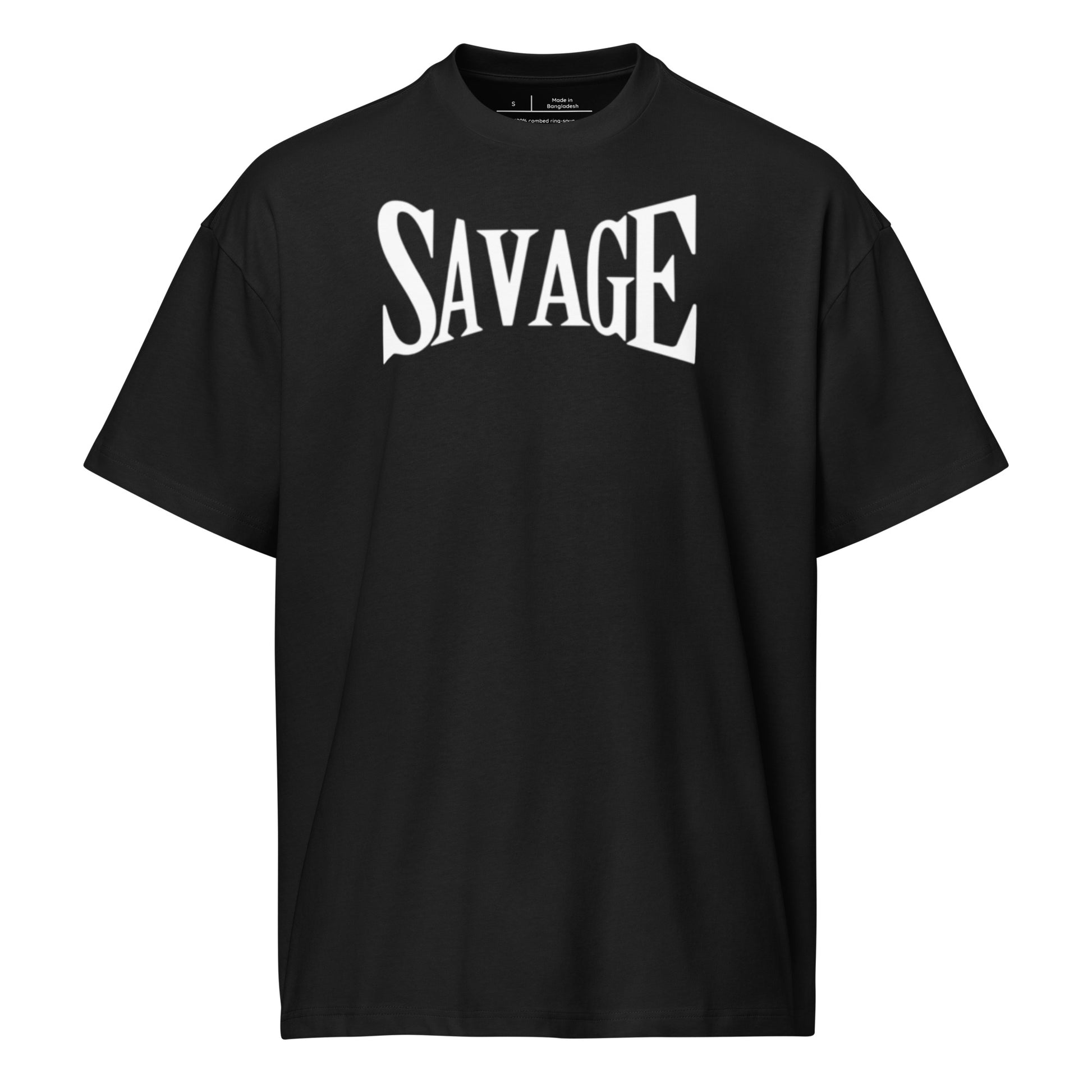Black t-shirt with 'SAVAGE' printed in white on a white background