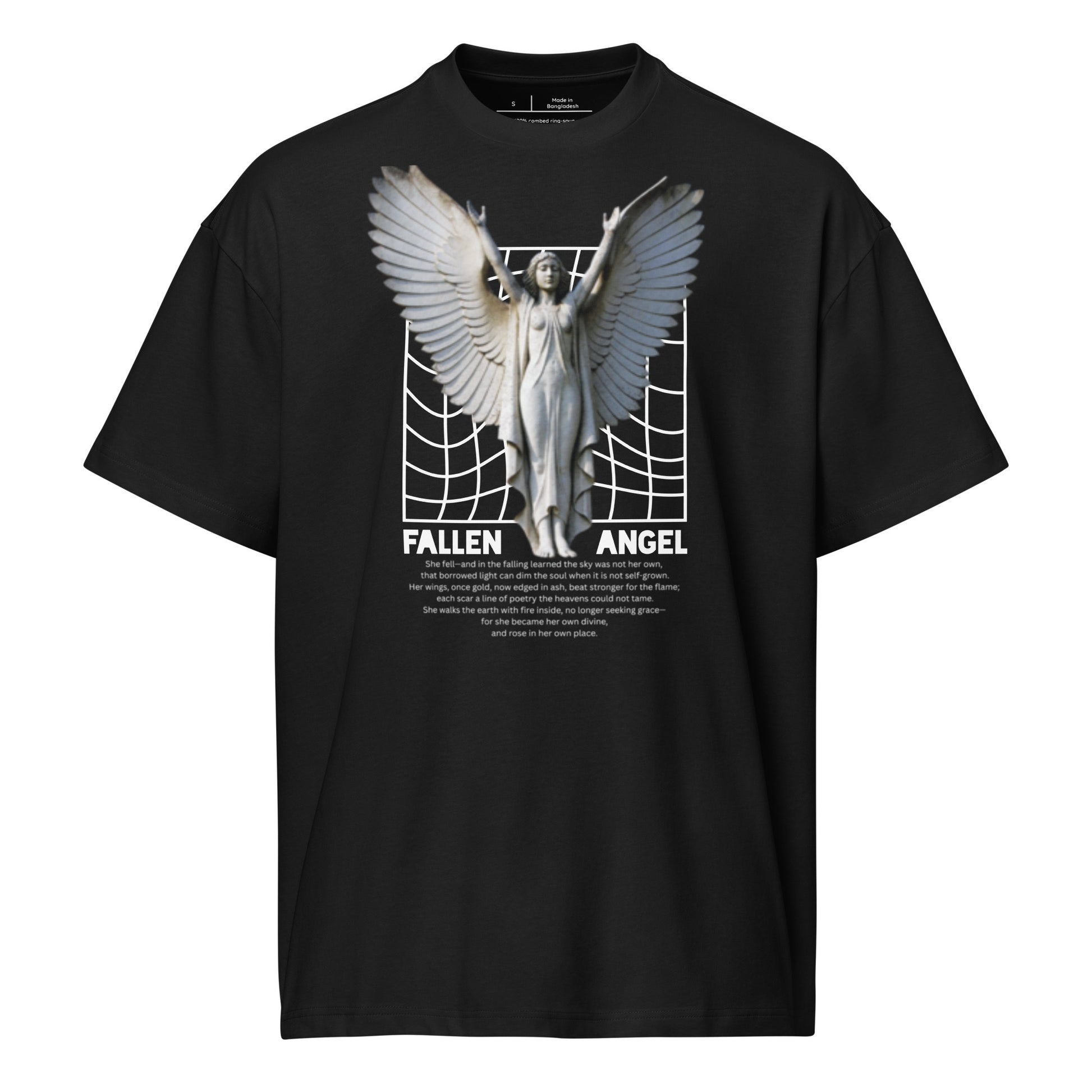 Black t-shirt with 'Fallen Angel' graphic design on a white background