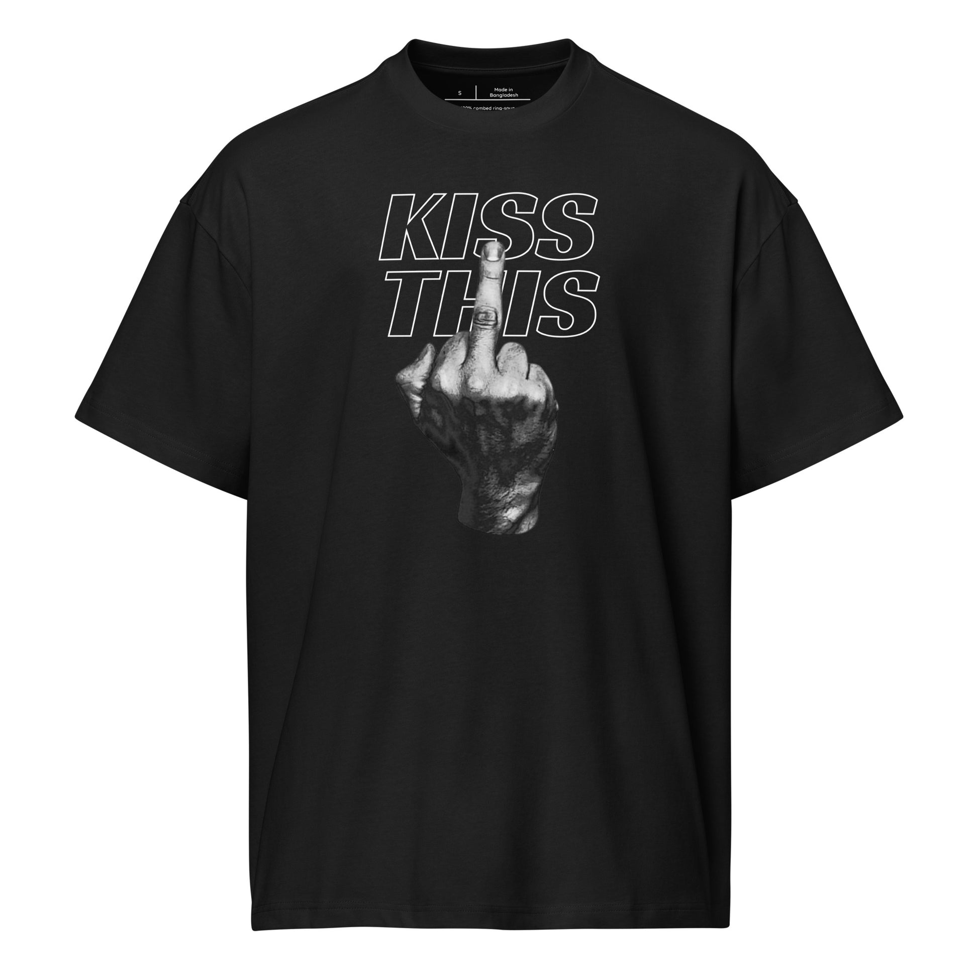 Black t-shirt with graphic design and text on a white background
