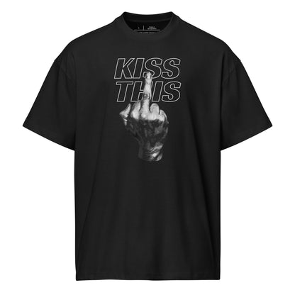 Black t-shirt with graphic design and text on a white background