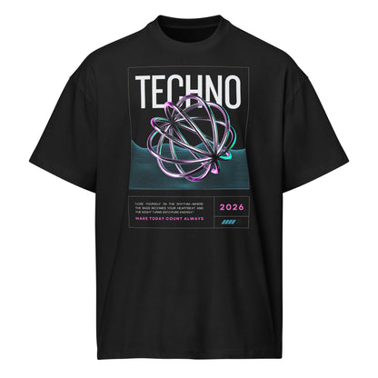 Black t-shirt with 'Techno' design featuring a futuristic sphere and text on a white background