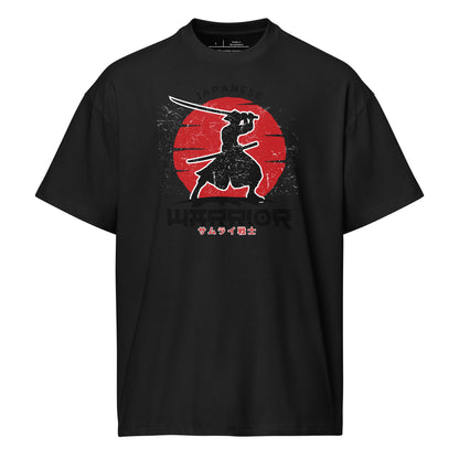 Black t-shirt with a warrior graphic and red sun on a white background
