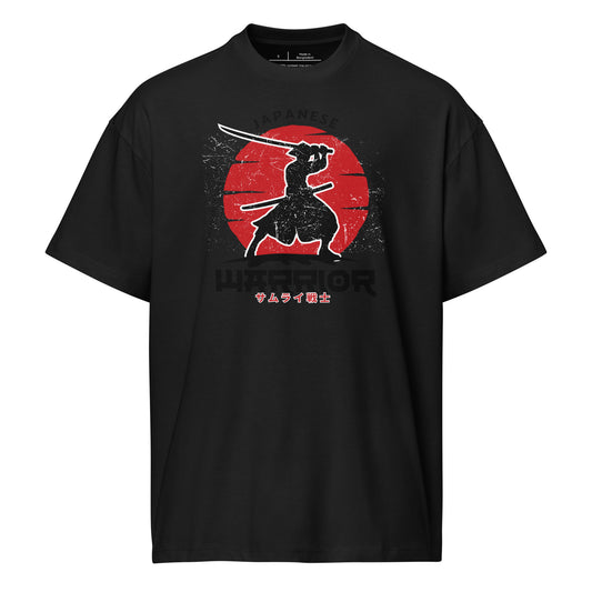 Black t-shirt with a warrior graphic and red sun on a white background