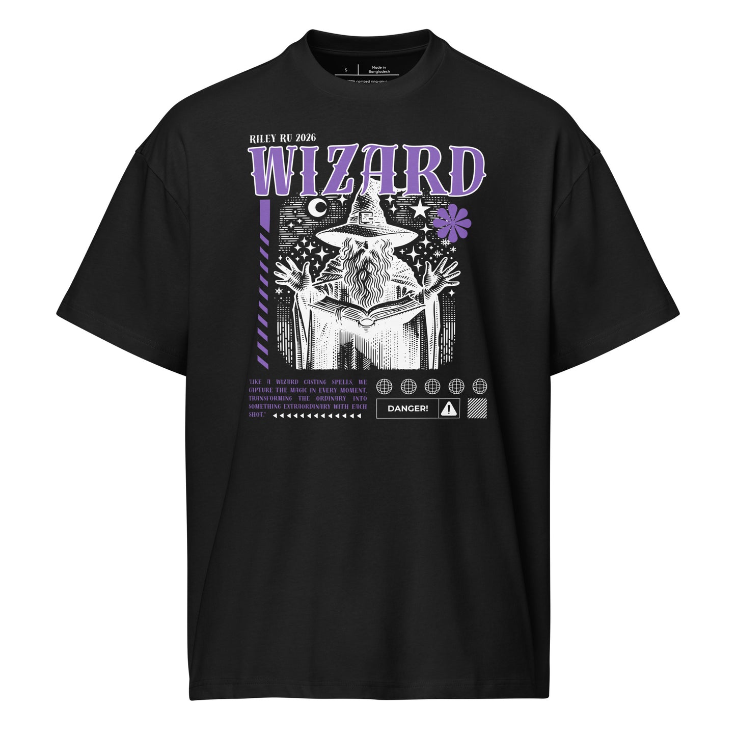 Black t-shirt with wizard graphic and text on a white background