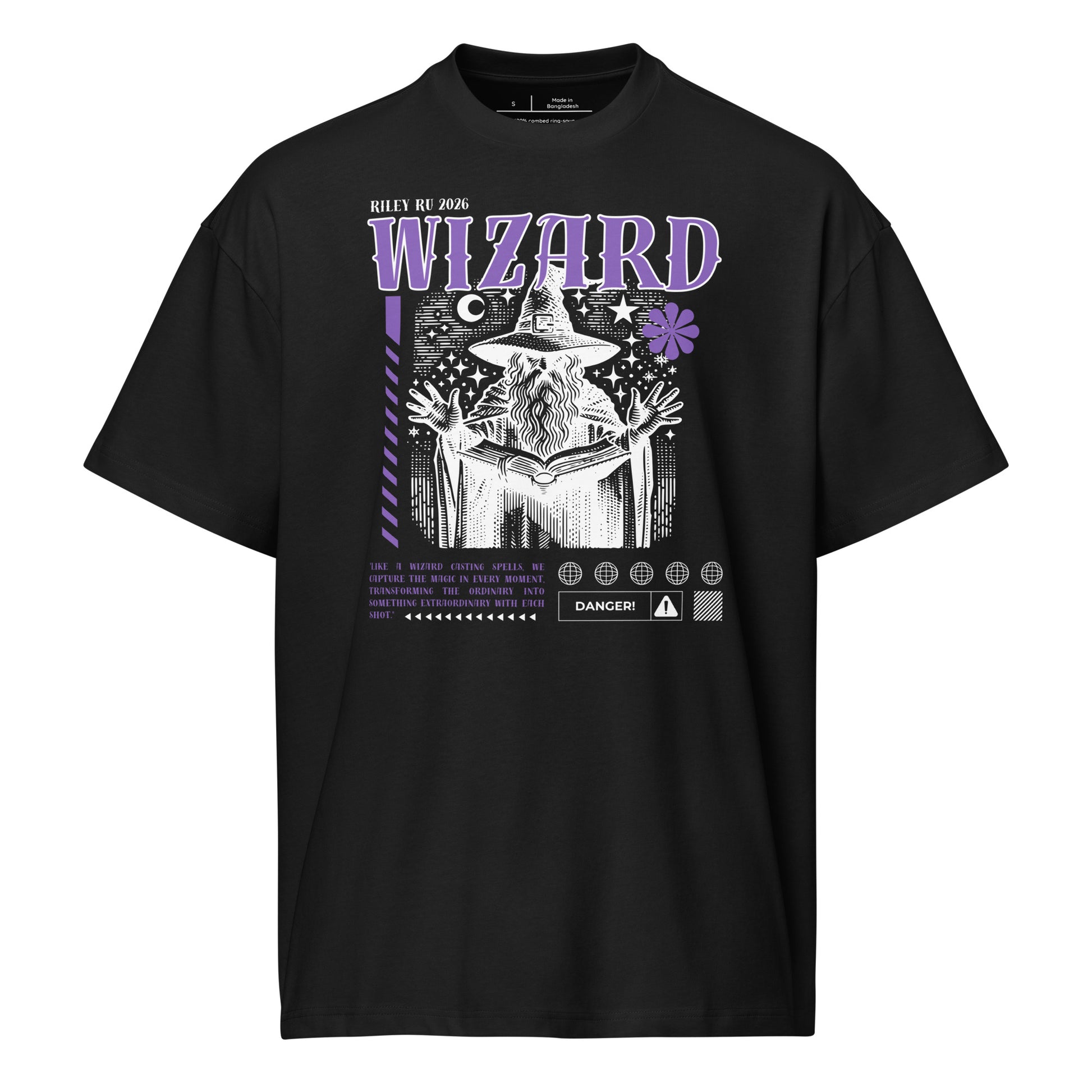 Black t-shirt with wizard graphic and text on a white background