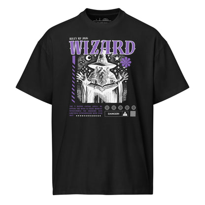 Black t-shirt with wizard graphic and text on a white background