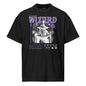 Black t-shirt with wizard graphic and text on a white background