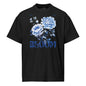 Black t-shirt with blue floral design and 'BLOOM' text on a white background