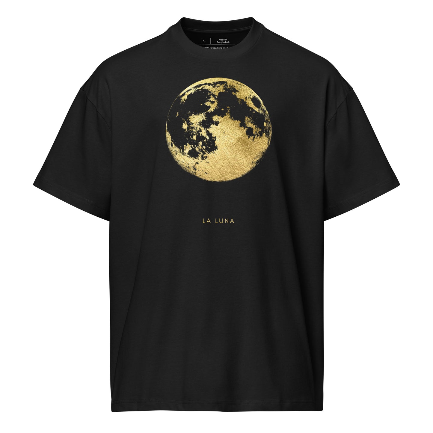 Black t-shirt with a gold moon graphic and 'La Luna' text on a white background