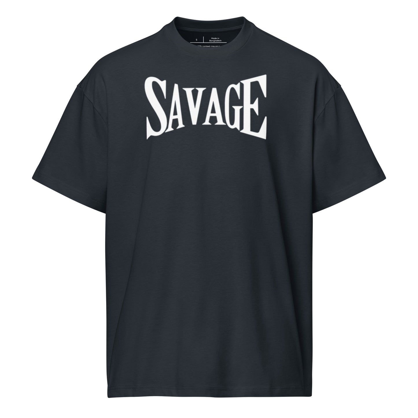 Black t-shirt with 'SAVAGE' printed in white on a white background