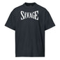Black t-shirt with 'SAVAGE' printed in white on a white background