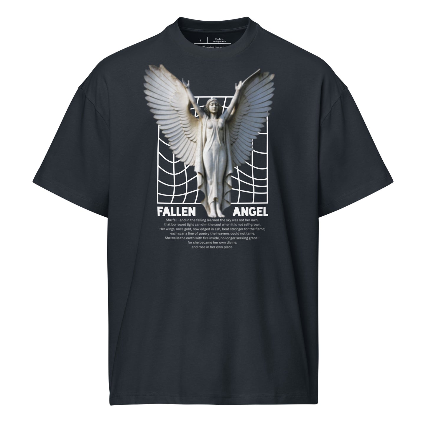 Black t-shirt with 'Fallen Angel' graphic design on a white background