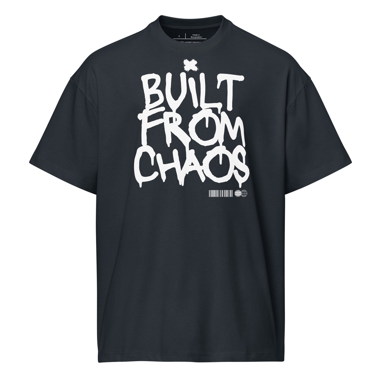 Black t-shirt with 'Built from Chaos' text on a white background