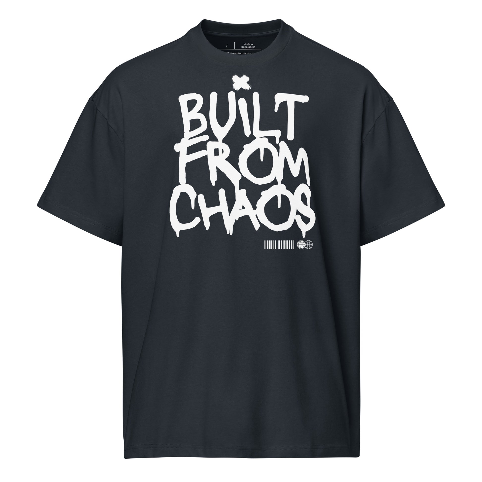 Black t-shirt with 'Built from Chaos' text on a white background