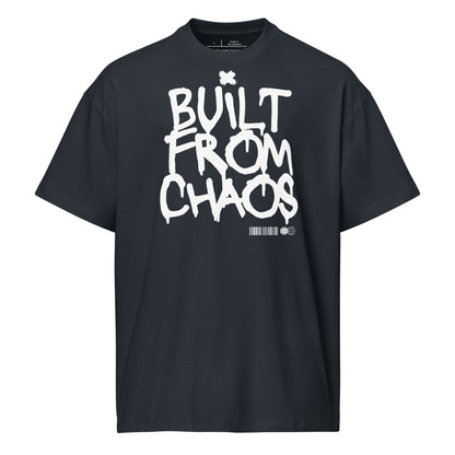 Black t-shirt with 'Built from Chaos' text on a white background