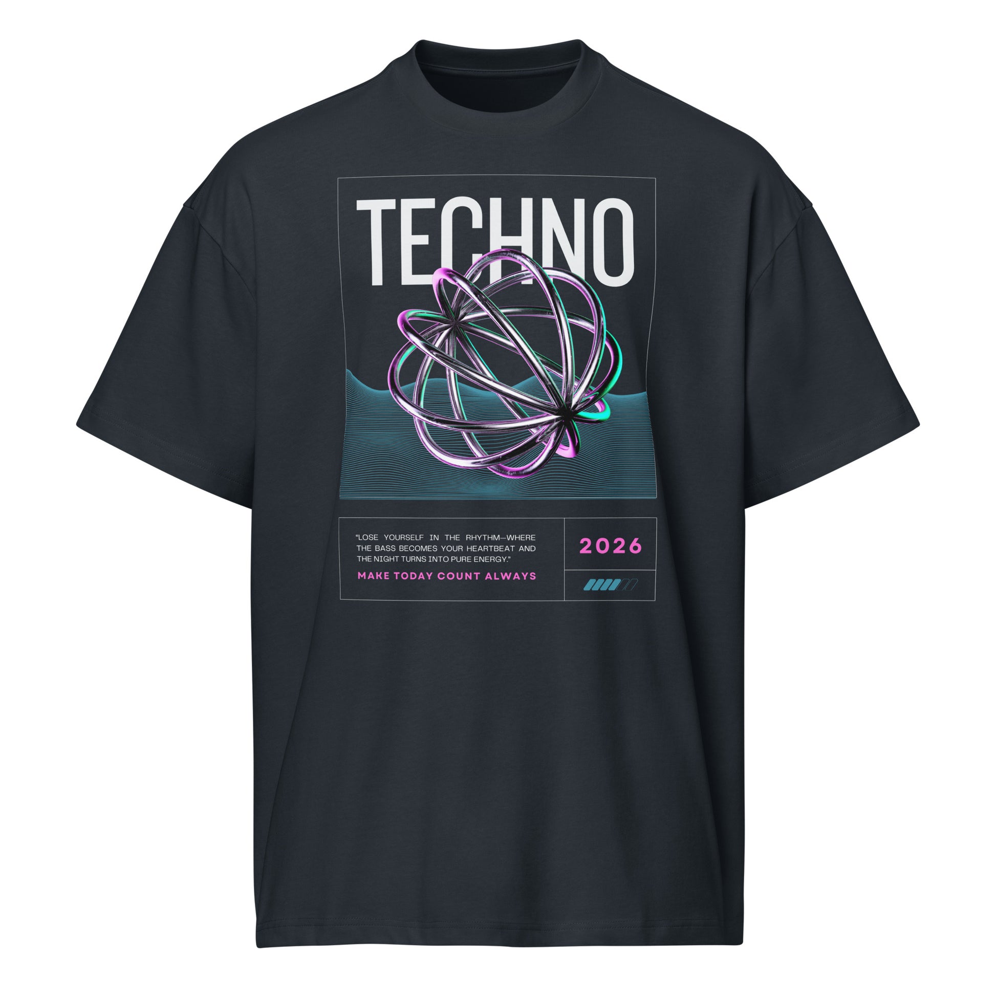 Black t-shirt with 'Techno' design featuring a futuristic sphere on a white background