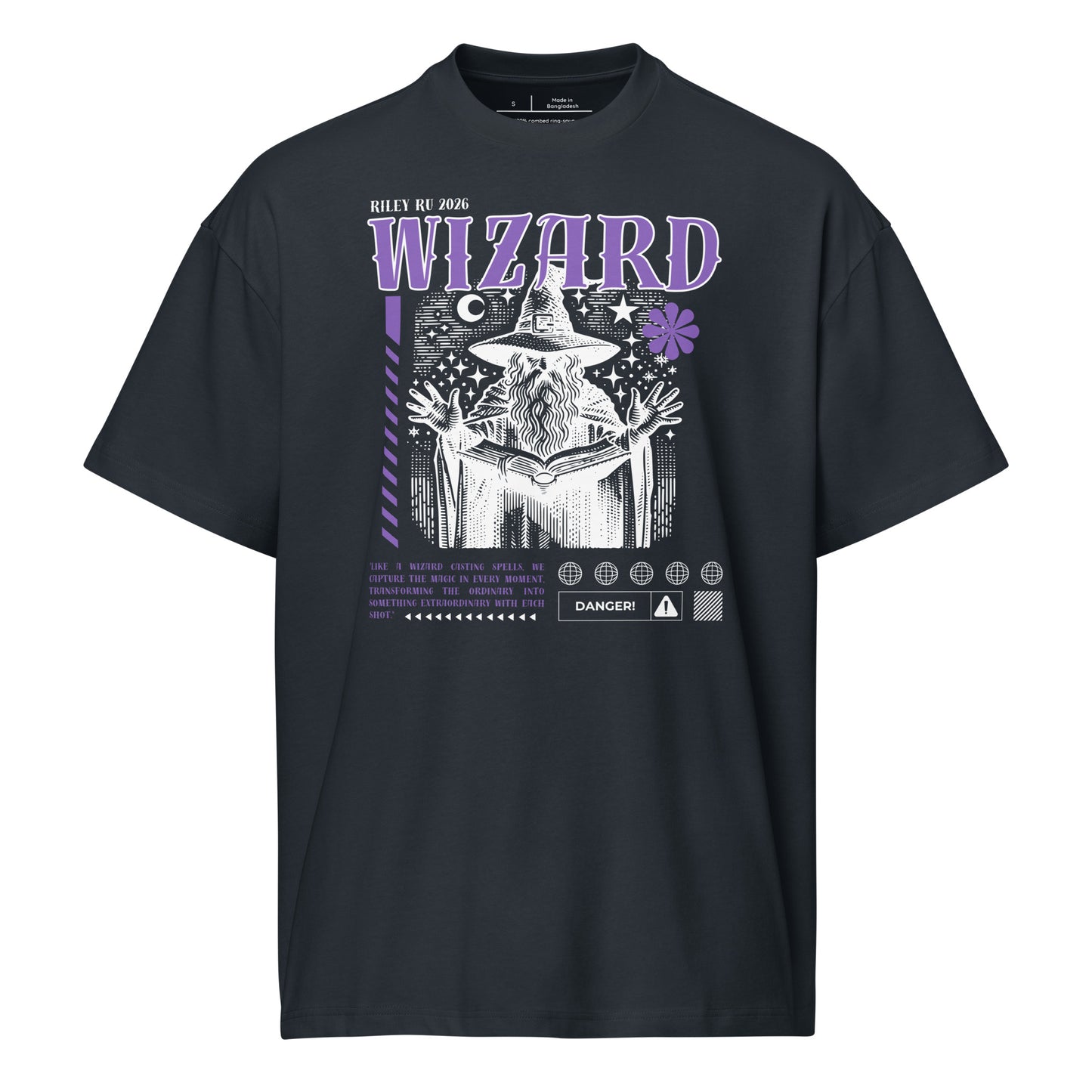 Black t-shirt with wizard graphic and text on a white background