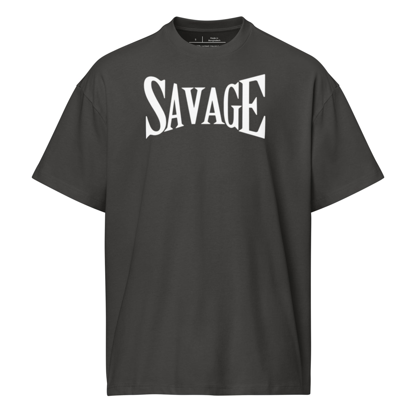Black t-shirt with 'SAVAGE' print on a white background