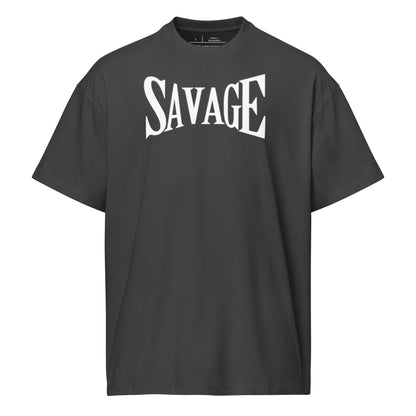 Black t-shirt with 'SAVAGE' print on a white background
