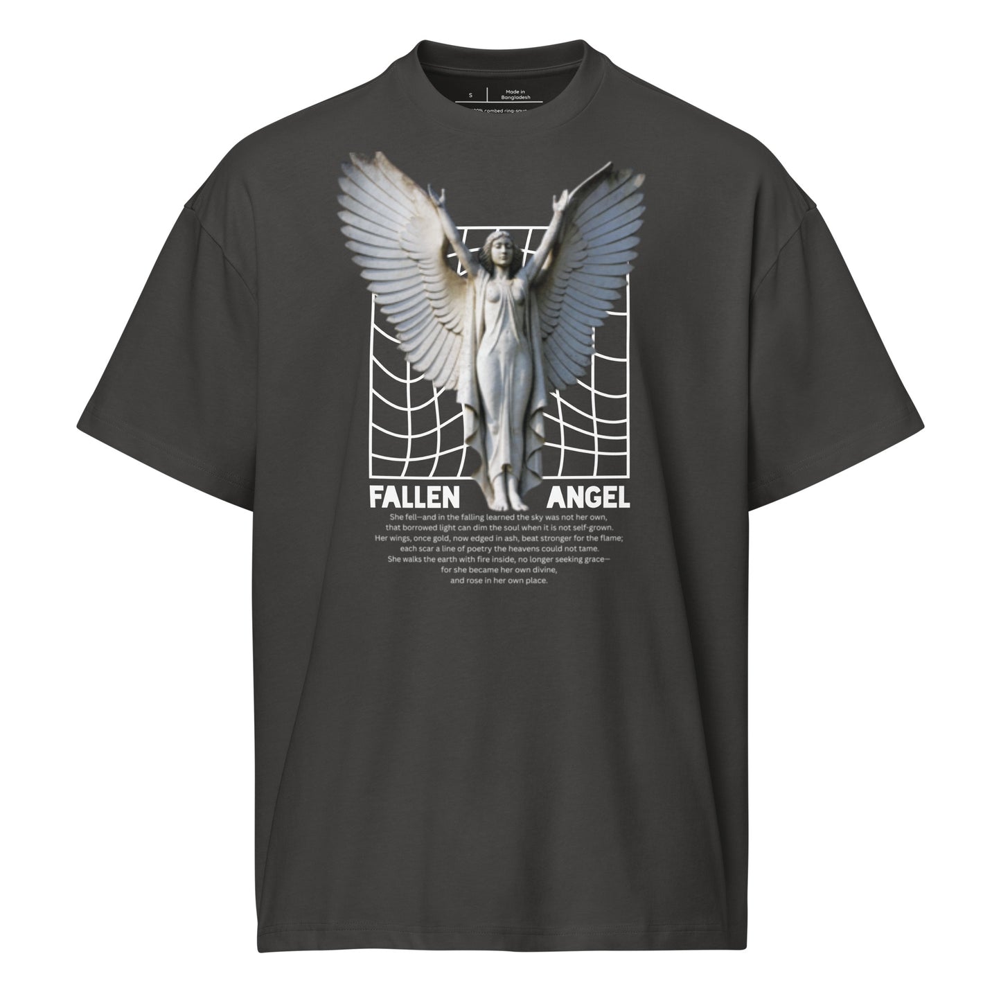 Black t-shirt with a white logo on a white background