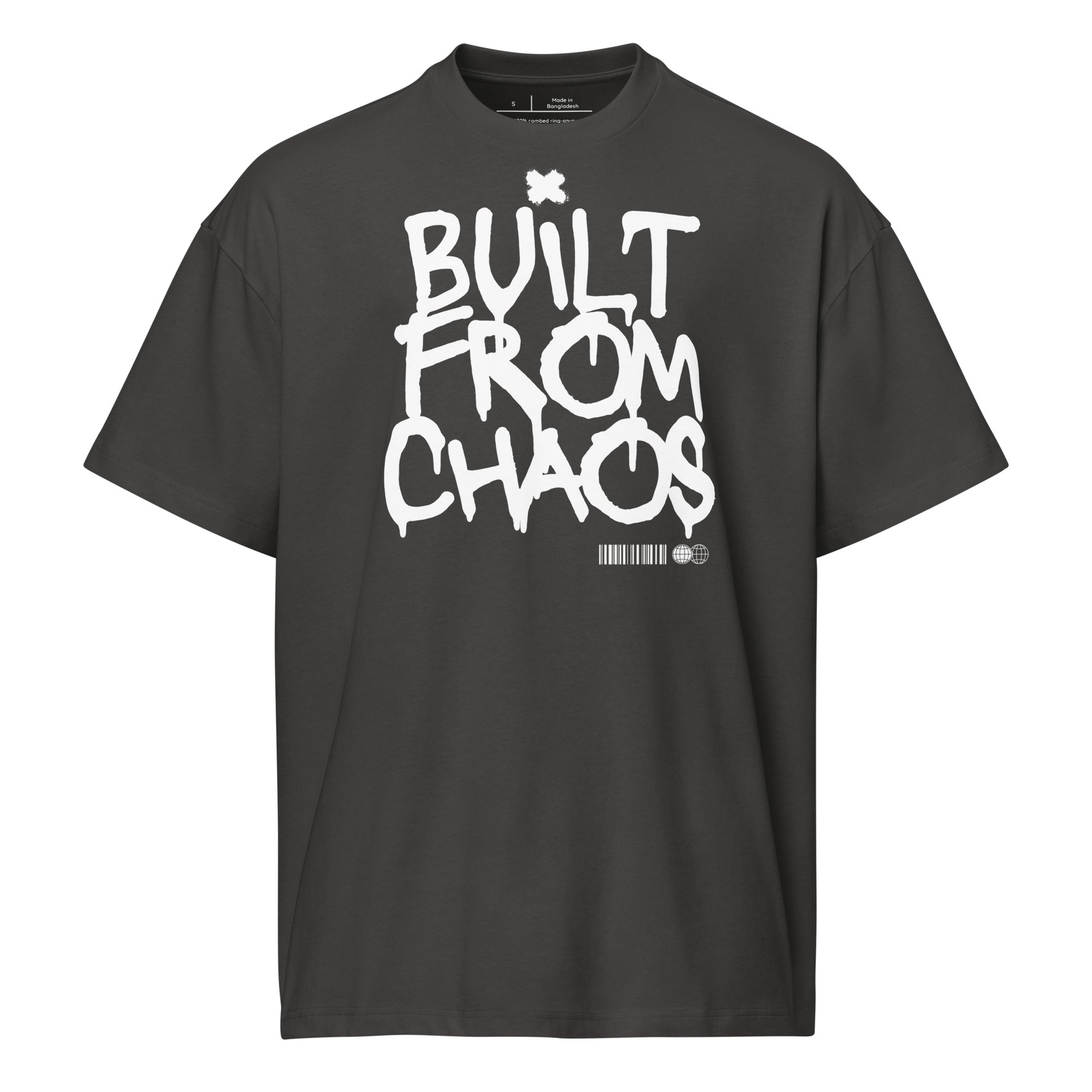 Black t-shirt with 'Built from Chaos' text on a white background