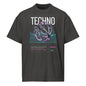 Black t-shirt with 'Techno' design featuring a futuristic sphere on a white background