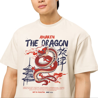 Person wearing a t-shirt with a dragon design and text on a white background