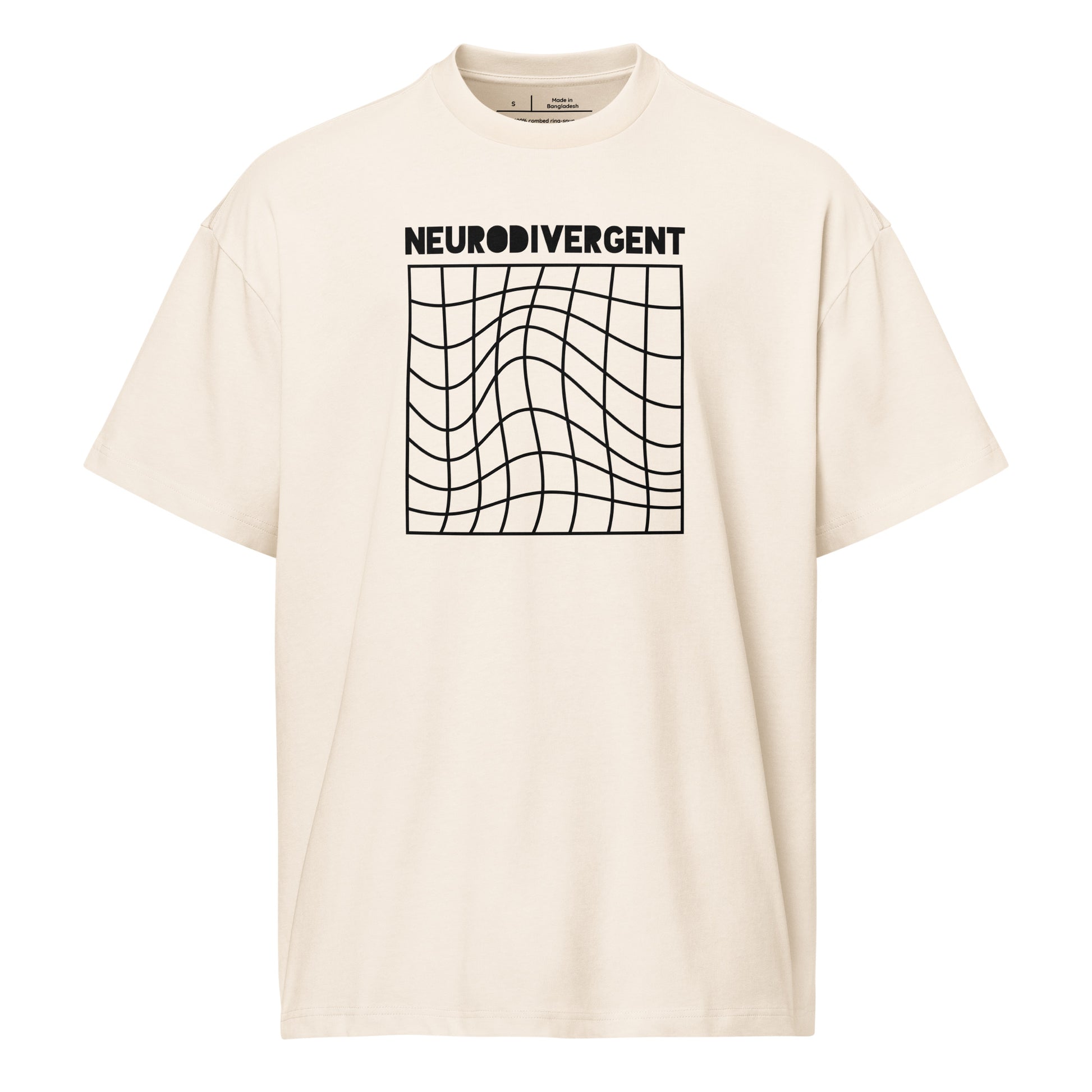 Beige t-shirt with 'NEURODIVERGENT' text and graphic design on a white background