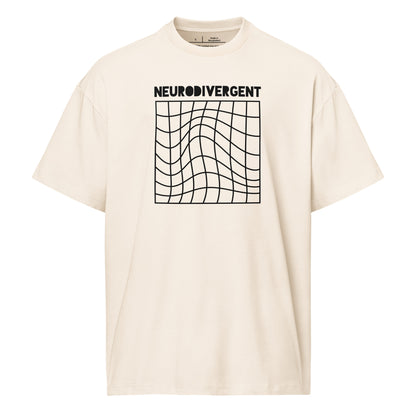 Beige t-shirt with 'NEURODIVERGENT' text and graphic design on a white background