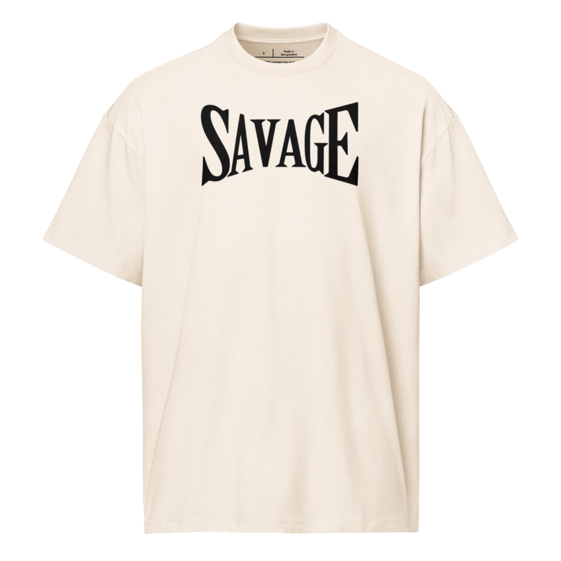 Beige t-shirt with 'SAVAGE' text on a white background
