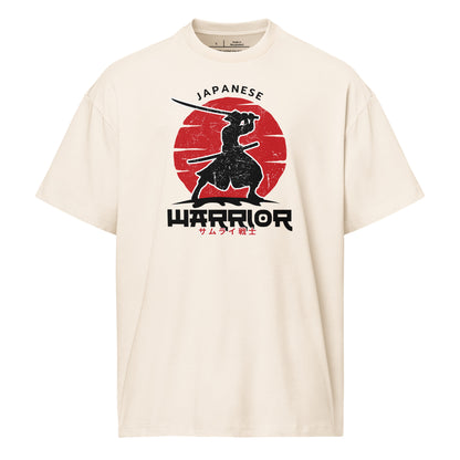 Beige t-shirt with a Japanese warrior design on a white background